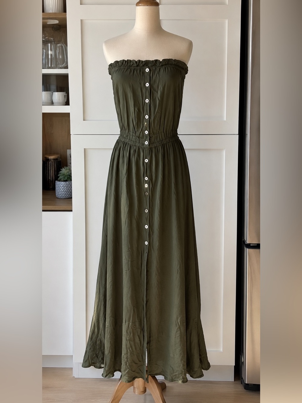 Strapless Olive Green Button-Front Maxi Dress